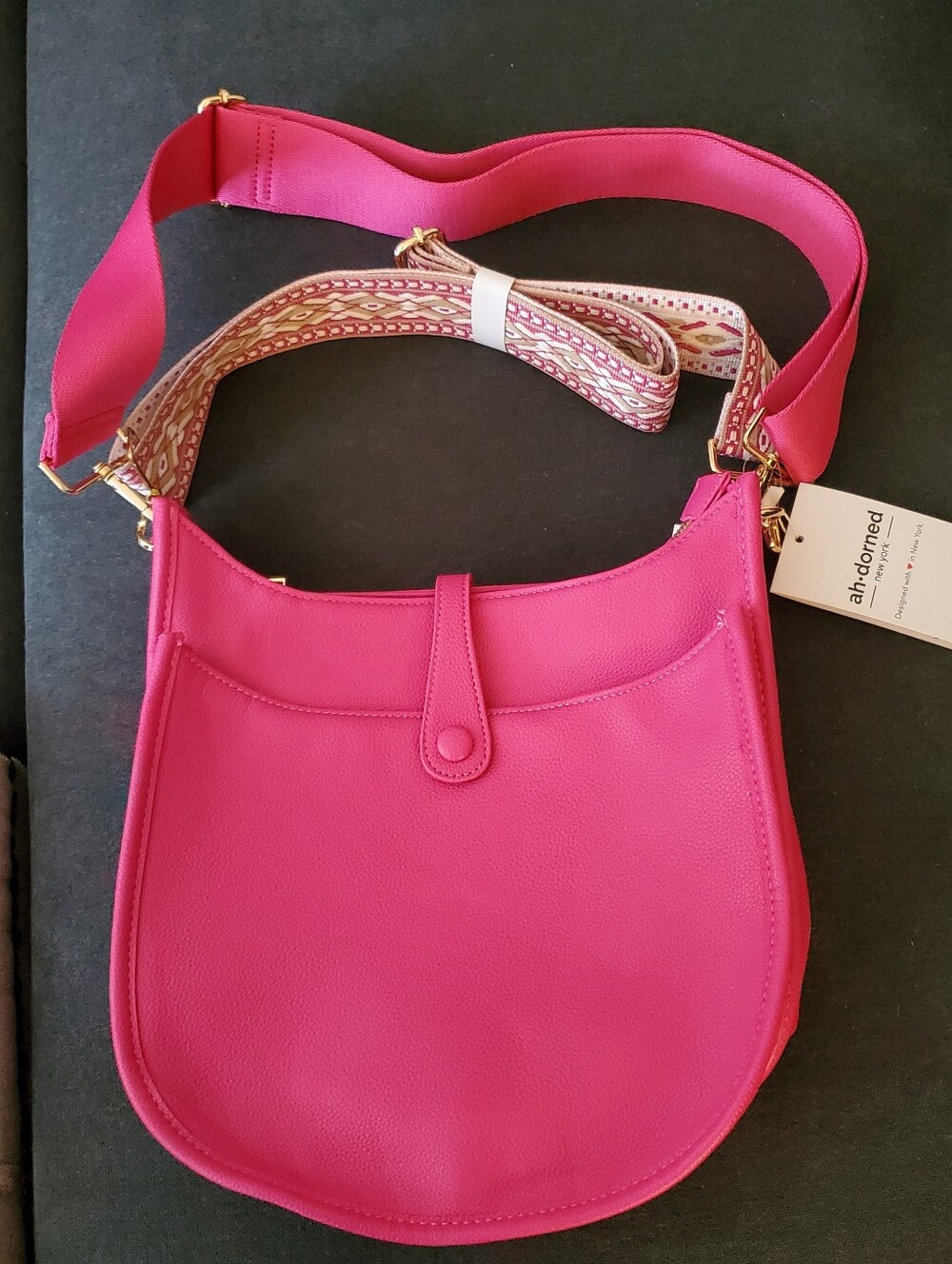 Ah-Dorned Pink Vegan  Pebbled Leather Crossbody with 2 Decorative Guitar Straps